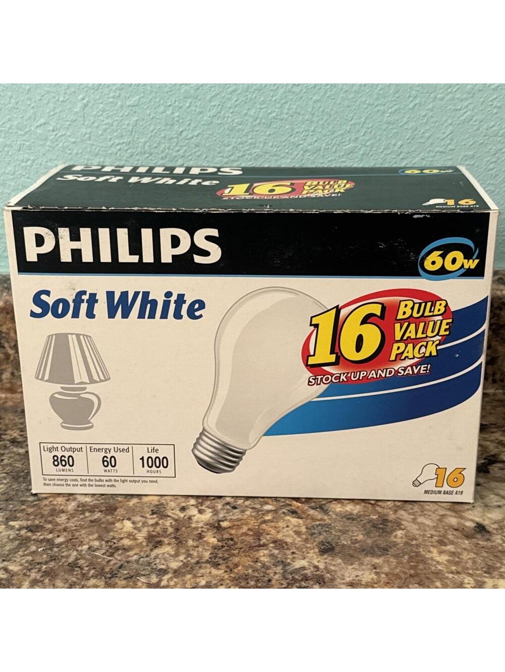 16 PHILIPS 60w Light Bulbs 120v Soft White A19 Poland Medium Base A19 Shape